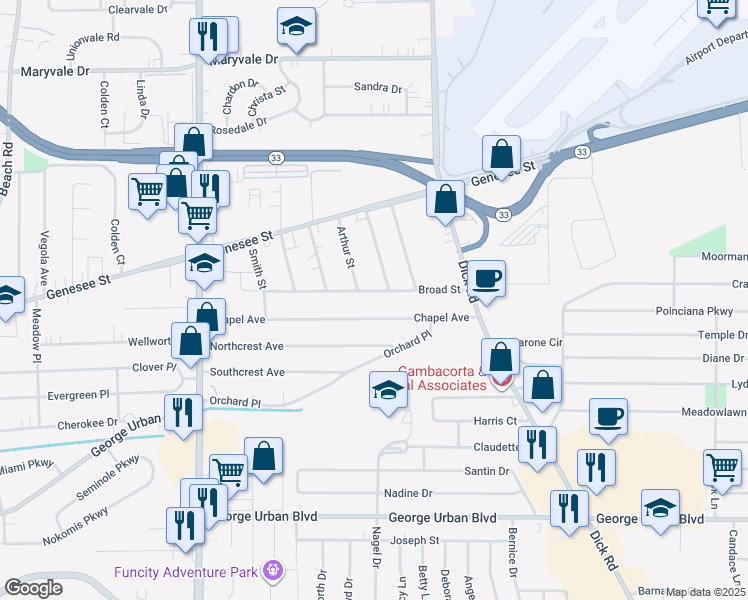 map of restaurants, bars, coffee shops, grocery stores, and more near 121 Broad Street in Buffalo