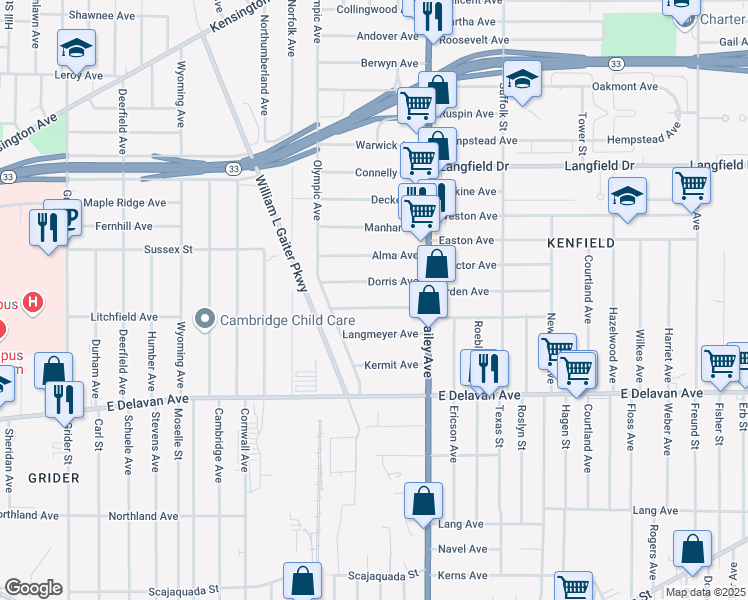 map of restaurants, bars, coffee shops, grocery stores, and more near 48 Schreck Ave in Buffalo