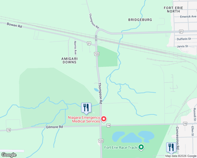 map of restaurants, bars, coffee shops, grocery stores, and more near 1799 Thompson Road in Fort Erie