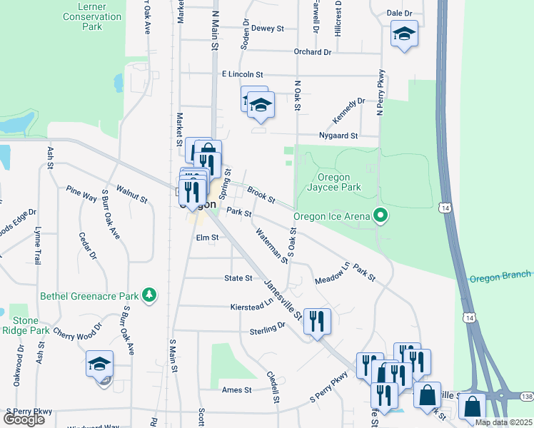 map of restaurants, bars, coffee shops, grocery stores, and more near 269 Park Street in Oregon