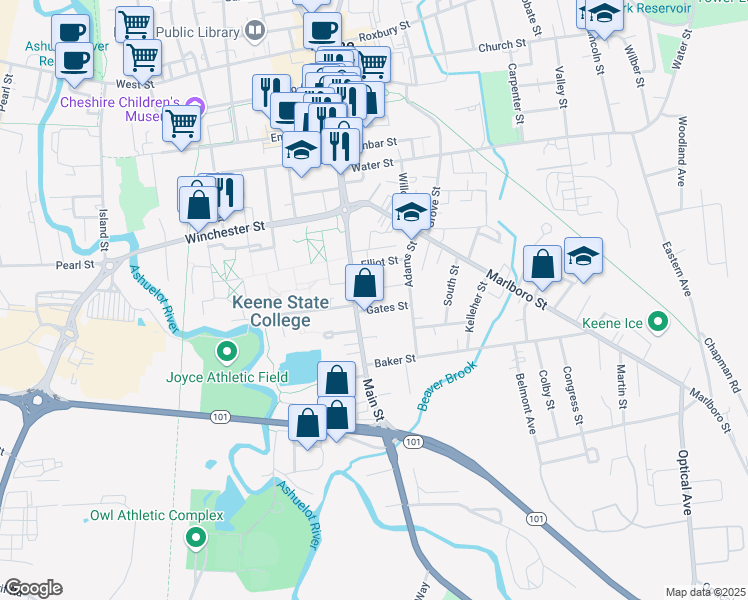 map of restaurants, bars, coffee shops, grocery stores, and more near 2 Gates Street in Keene