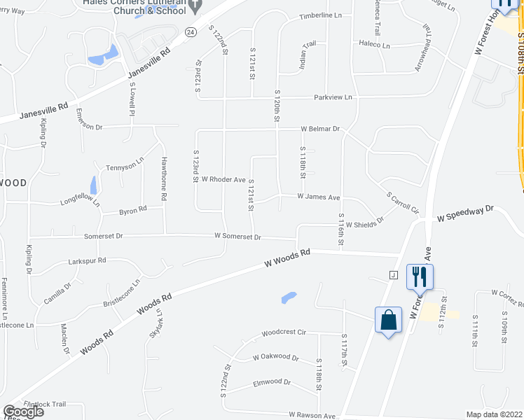 map of restaurants, bars, coffee shops, grocery stores, and more near 12065 West James Avenue in Franklin