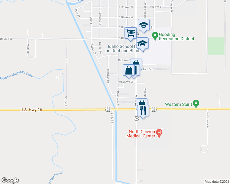 map of restaurants, bars, coffee shops, grocery stores, and more near 2129 California Street in Gooding
