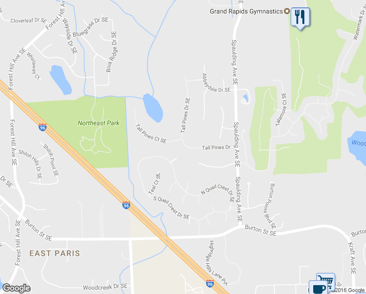 map of restaurants, bars, coffee shops, grocery stores, and more near 4961 Tall Pines Court Southeast in Grand Rapids