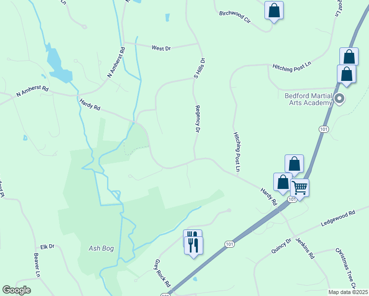 map of restaurants, bars, coffee shops, grocery stores, and more near 35 Regency Drive in Bedford