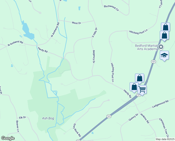map of restaurants, bars, coffee shops, grocery stores, and more near 35 Regency Drive in Bedford
