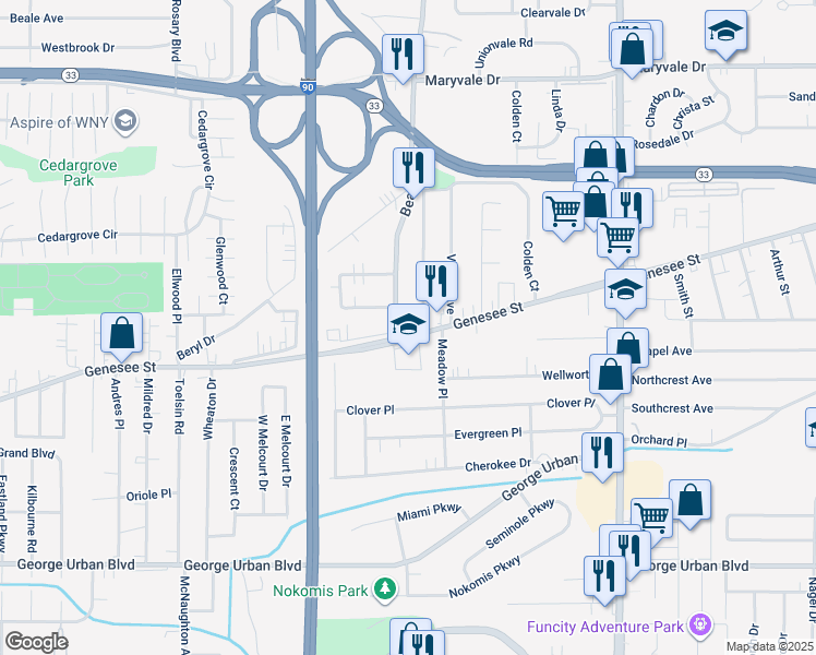 map of restaurants, bars, coffee shops, grocery stores, and more near 3328 Genesee Street in Cheektowaga