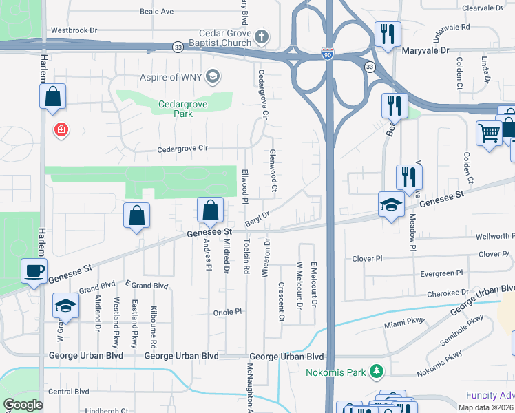 map of restaurants, bars, coffee shops, grocery stores, and more near 46 Beryl Drive in Buffalo