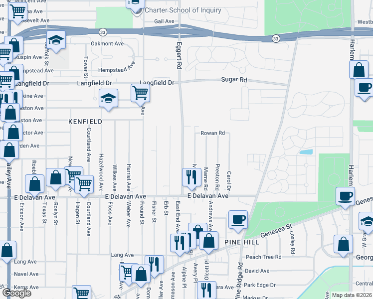 map of restaurants, bars, coffee shops, grocery stores, and more near 98 Ivanhoe Road in Buffalo