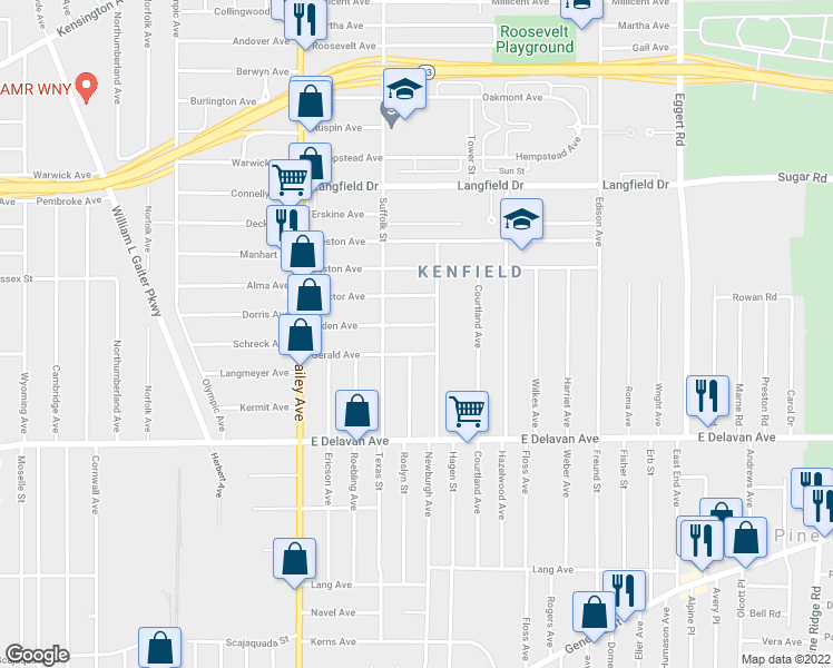 map of restaurants, bars, coffee shops, grocery stores, and more near 136 Gerald Avenue in Buffalo