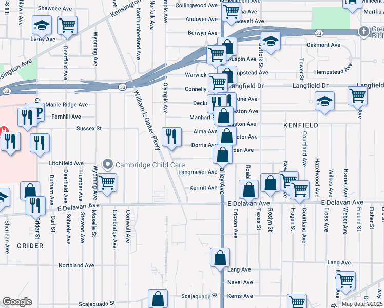 map of restaurants, bars, coffee shops, grocery stores, and more near 48 Schreck Avenue in Buffalo