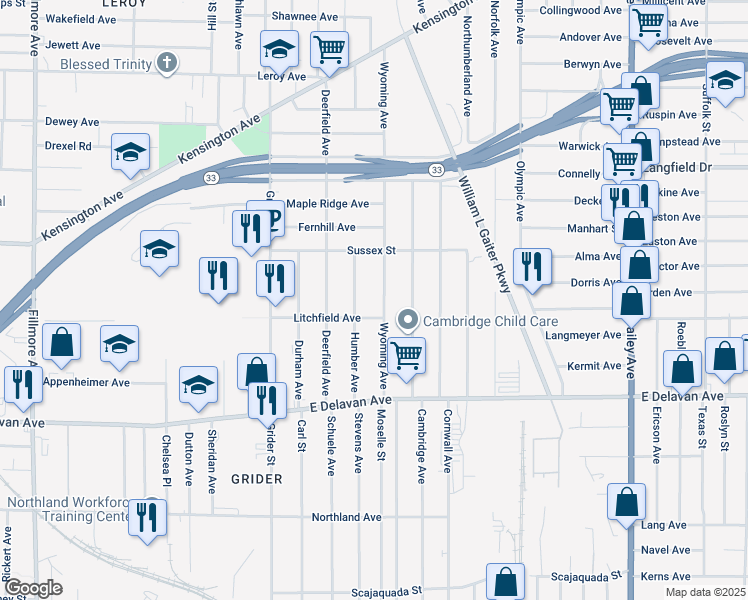 map of restaurants, bars, coffee shops, grocery stores, and more near 108 Litchfield Avenue in Buffalo