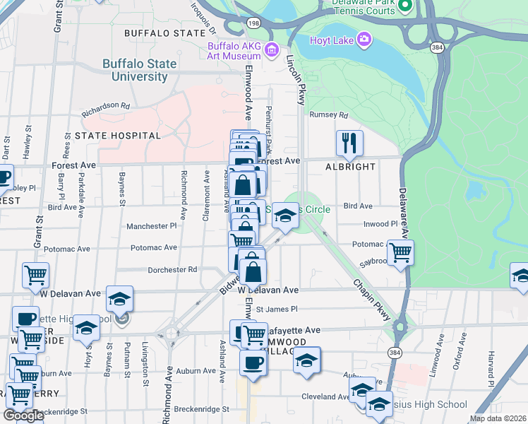 map of restaurants, bars, coffee shops, grocery stores, and more near in Buffalo