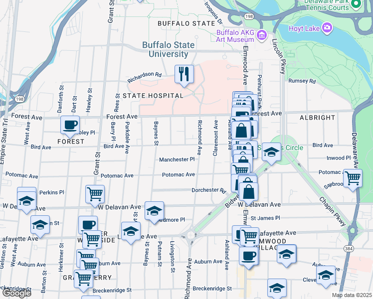 map of restaurants, bars, coffee shops, grocery stores, and more near 23 Manchester Place in Buffalo