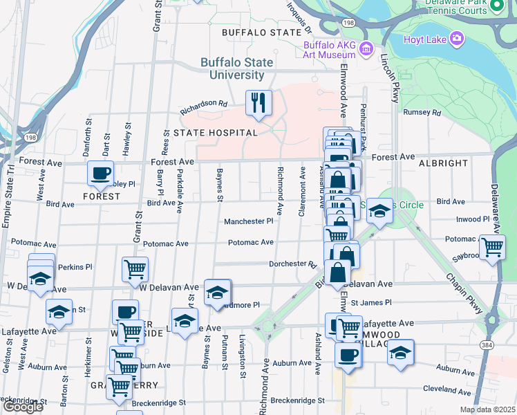 map of restaurants, bars, coffee shops, grocery stores, and more near 23 Manchester Place in Buffalo