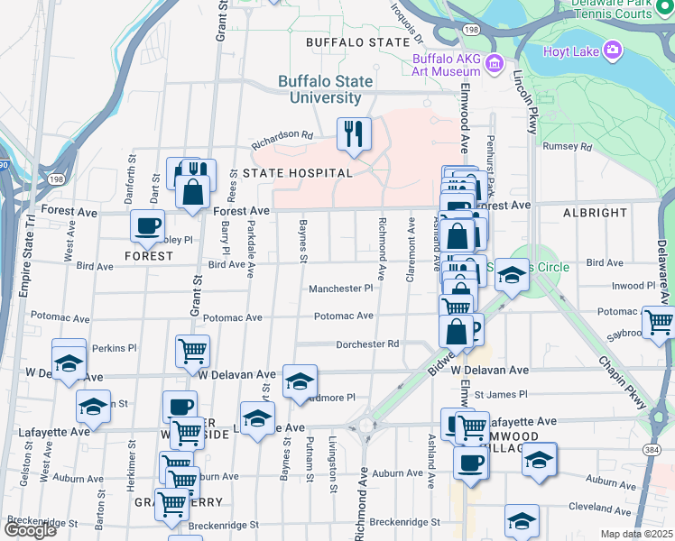 map of restaurants, bars, coffee shops, grocery stores, and more near 61 Manchester Place in Buffalo