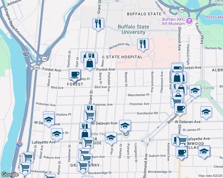 map of restaurants, bars, coffee shops, grocery stores, and more near 360 Hoyt Street in Buffalo
