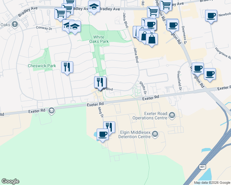 map of restaurants, bars, coffee shops, grocery stores, and more near 1250 Jalna Boulevard in London