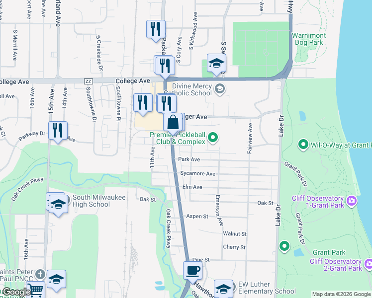 map of restaurants, bars, coffee shops, grocery stores, and more near 812 Park Avenue in South Milwaukee