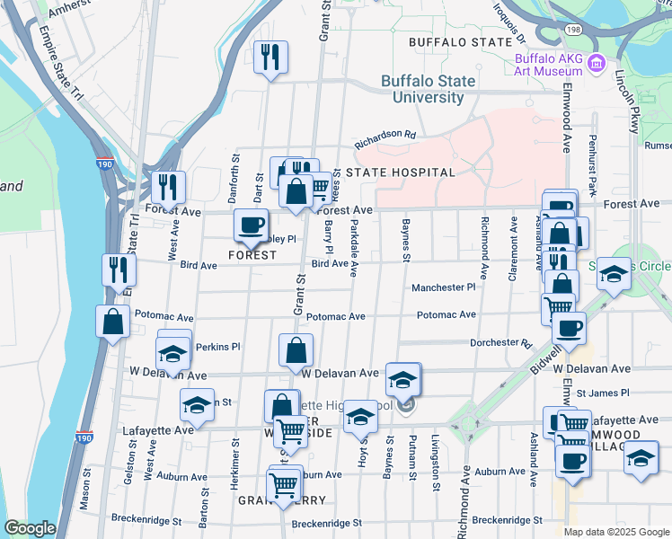 map of restaurants, bars, coffee shops, grocery stores, and more near 293 Bird Avenue in Buffalo