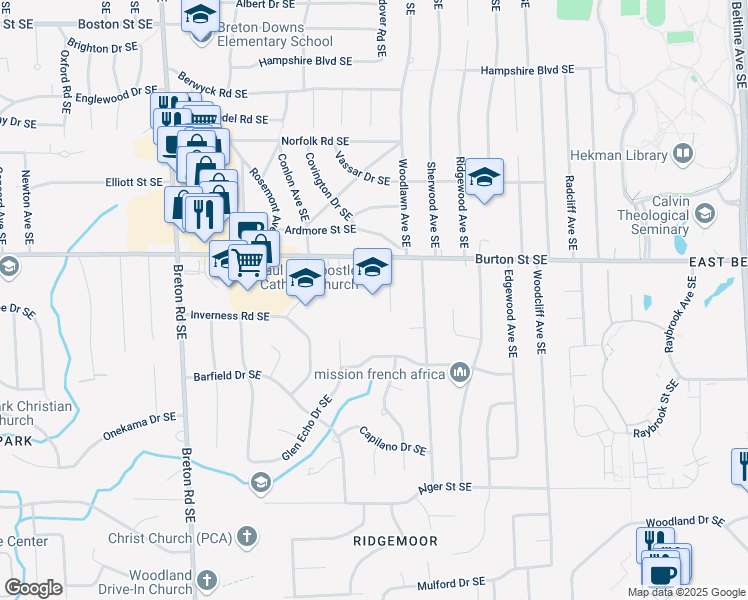 map of restaurants, bars, coffee shops, grocery stores, and more near 2750 Burton Street Southeast in Grand Rapids