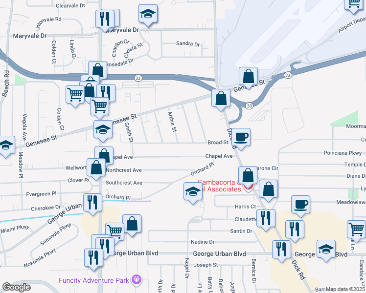 map of restaurants, bars, coffee shops, grocery stores, and more near 121 Broad Street in Buffalo