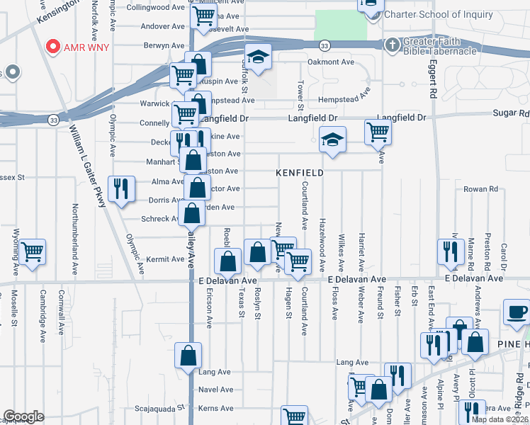 map of restaurants, bars, coffee shops, grocery stores, and more near 136 Gerald Avenue in Buffalo