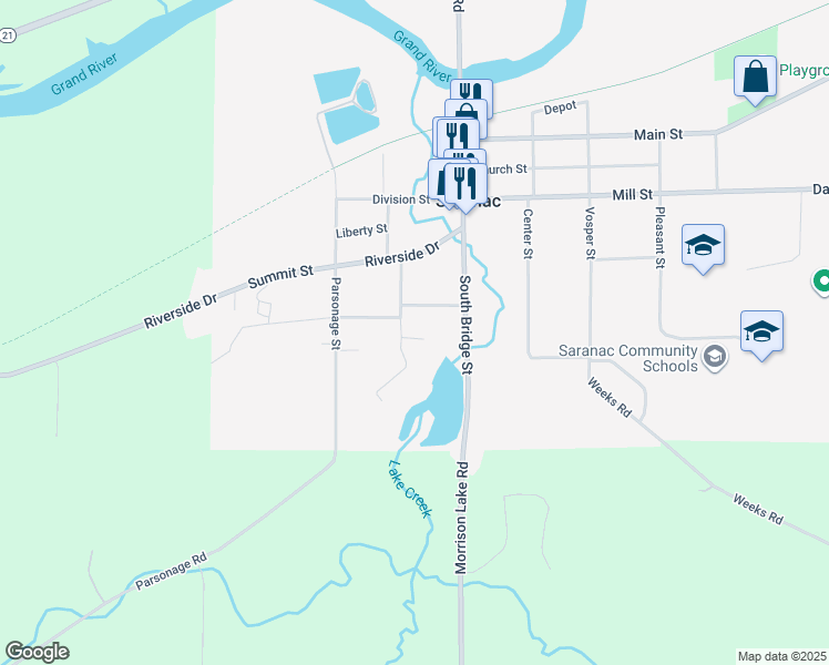 map of restaurants, bars, coffee shops, grocery stores, and more near 65 Wyandotte Court in Saranac