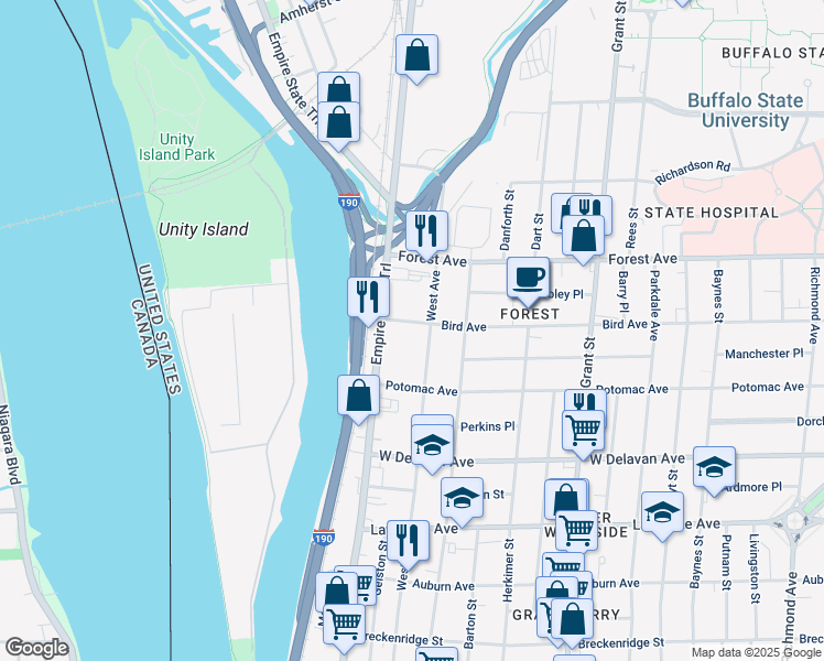 map of restaurants, bars, coffee shops, grocery stores, and more near 61 Bird Avenue in Buffalo