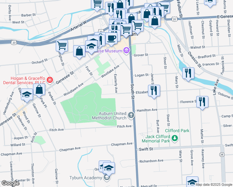 map of restaurants, bars, coffee shops, grocery stores, and more near 36 Easterly Avenue in Auburn