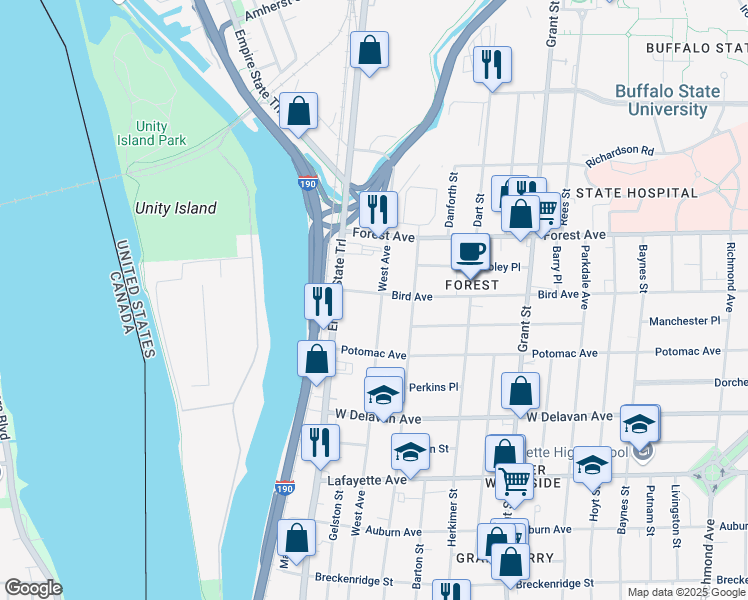 map of restaurants, bars, coffee shops, grocery stores, and more near 75 Bird Avenue in Buffalo