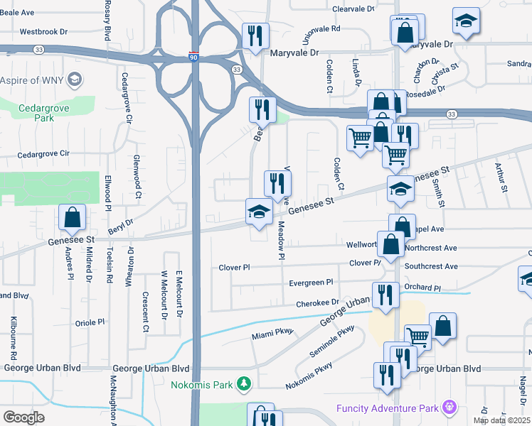 map of restaurants, bars, coffee shops, grocery stores, and more near 3328 Genesee Street in Cheektowaga