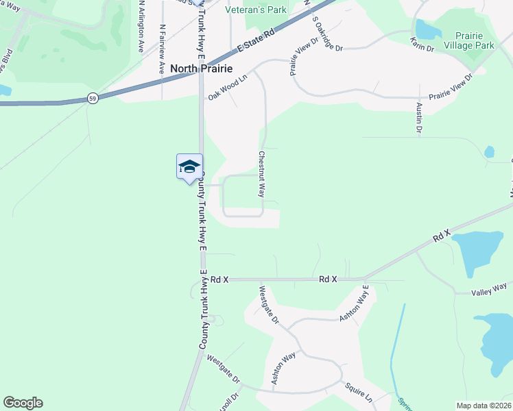 map of restaurants, bars, coffee shops, grocery stores, and more near 132 Chestnut Way in North Prairie