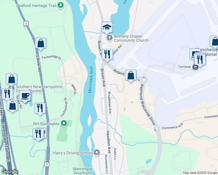 map of restaurants, bars, coffee shops, grocery stores, and more near 3030 Brown Avenue in Manchester