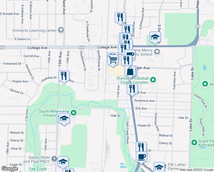 map of restaurants, bars, coffee shops, grocery stores, and more near 1127 Carrington Avenue in South Milwaukee