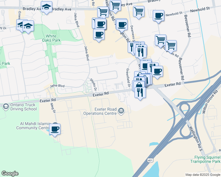 map of restaurants, bars, coffee shops, grocery stores, and more near 676 Exeter Road in London