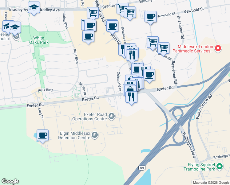 map of restaurants, bars, coffee shops, grocery stores, and more near 700 Exeter Road in London