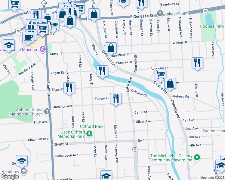 map of restaurants, bars, coffee shops, grocery stores, and more near 11 Mattie Street in Auburn