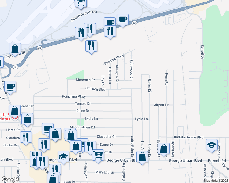 map of restaurants, bars, coffee shops, grocery stores, and more near 212 Poinciana Parkway in Buffalo