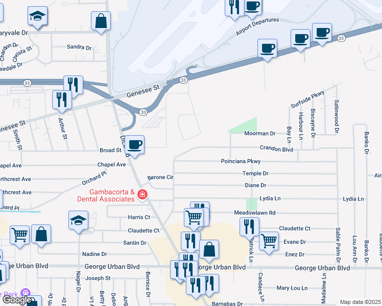 map of restaurants, bars, coffee shops, grocery stores, and more near 36 Poinciana Parkway in Cheektowaga
