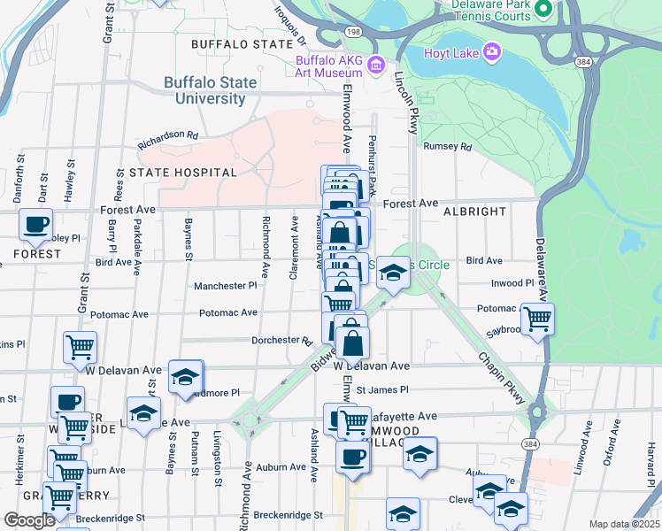 map of restaurants, bars, coffee shops, grocery stores, and more near 1042 Elmwood Avenue in Buffalo