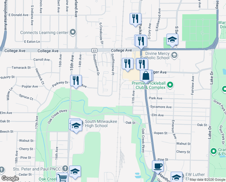 map of restaurants, bars, coffee shops, grocery stores, and more near 433 Southtowne Drive in South Milwaukee