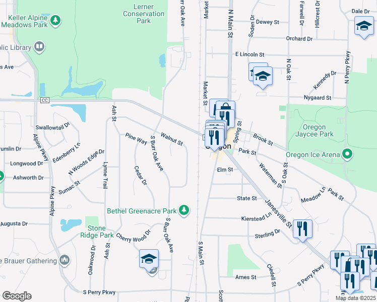 map of restaurants, bars, coffee shops, grocery stores, and more near 221 Walnut Street in Oregon