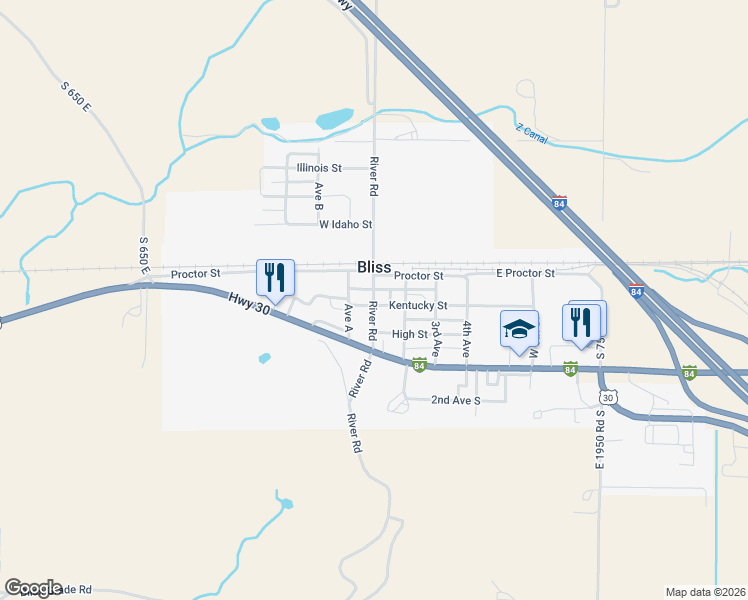 map of restaurants, bars, coffee shops, grocery stores, and more near 161 North 1st Avenue in Bliss