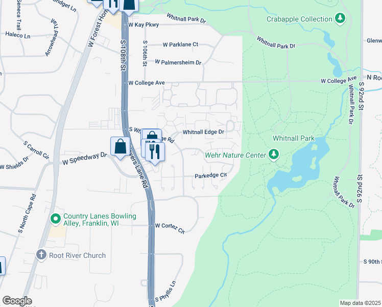 map of restaurants, bars, coffee shops, grocery stores, and more near 10335 West Parkwood Drive in Franklin