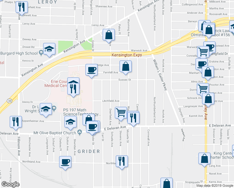 map of restaurants, bars, coffee shops, grocery stores, and more near 122 Humber Avenue in Buffalo