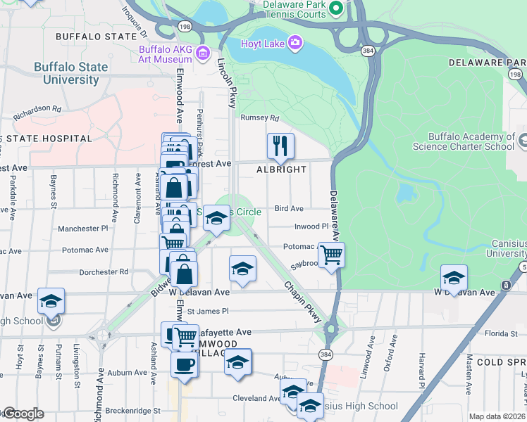 map of restaurants, bars, coffee shops, grocery stores, and more near 50 Windsor Avenue in Buffalo