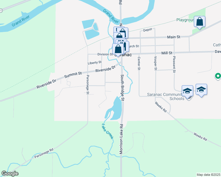 map of restaurants, bars, coffee shops, grocery stores, and more near 65 Wyandotte Court in Saranac