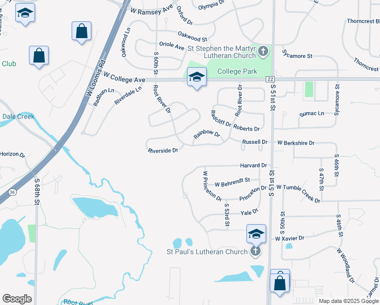 map of restaurants, bars, coffee shops, grocery stores, and more near 5677 Root River Drive in Greendale