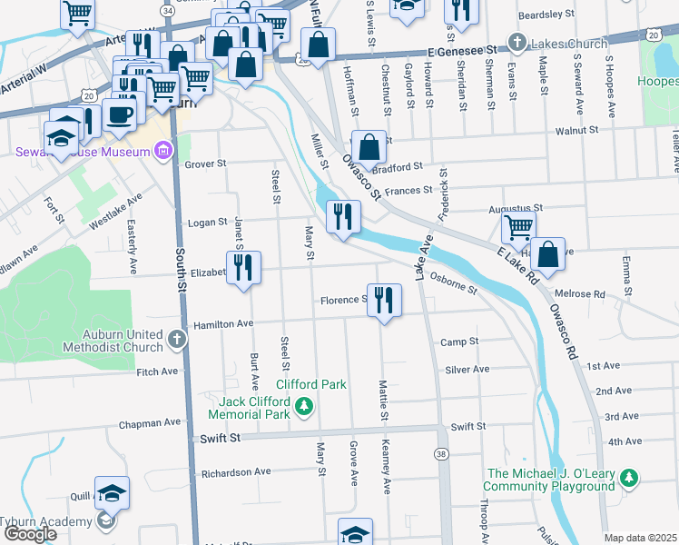 map of restaurants, bars, coffee shops, grocery stores, and more near 62 Elizabeth Street in Auburn